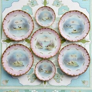 Antique Limoges Pink Bird‎ Scene Plate Set